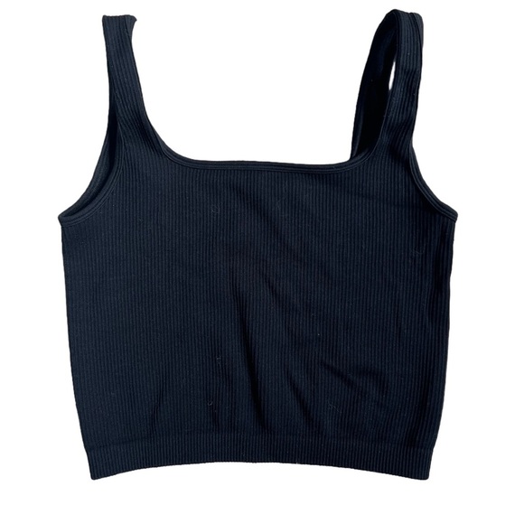 BLACK SEAMLESS RIBBED KNIT CROPPED SQUARE NECK TANK TOP SIZE SMALL - Picture 4 of 7